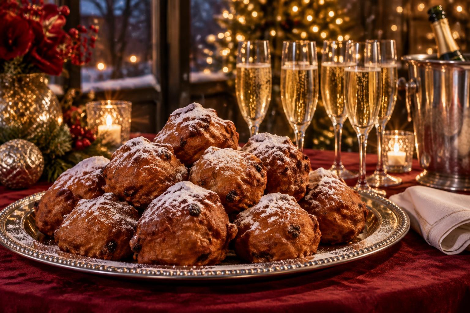 Zilveren schaal vol oliebollen met poedersuiker naast champagneglazen op een nieuwjaarsreceptie